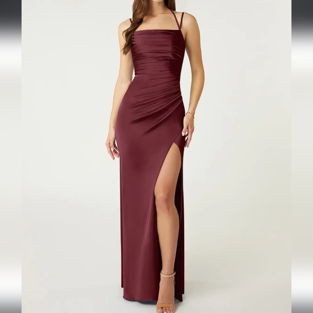 Azazie Desi Elegant Sheat Strech Satin Evening Maxi Dress Size A10 NWT.